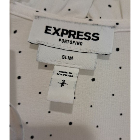 EXPRESS Slim Fit Portofino Blouse White with Black Polka Dot Button Accents Sz S - Picture 10 of 11